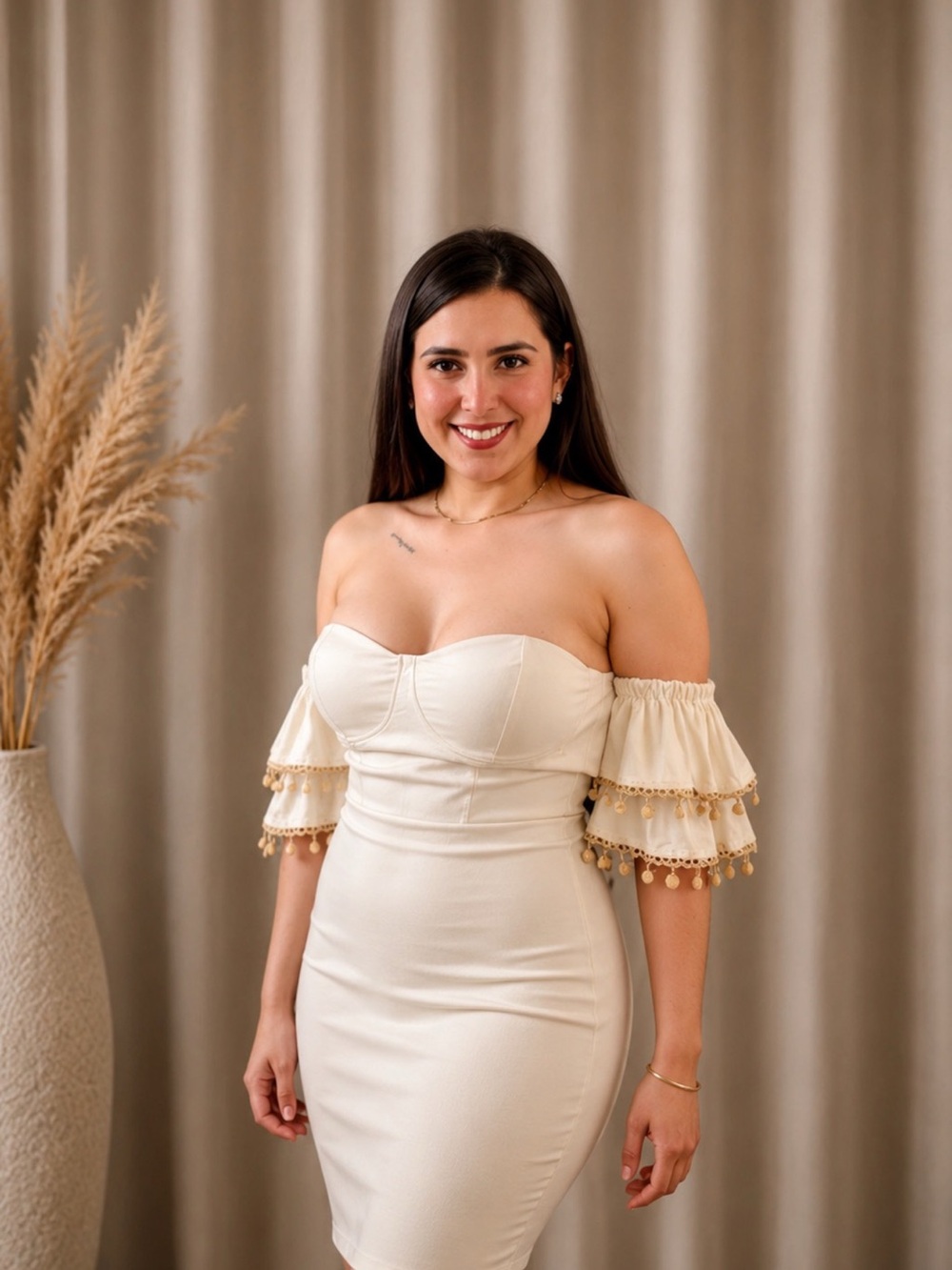 Off-Shoulder Cream Bodycon Dress with Removable Puff Sleeves